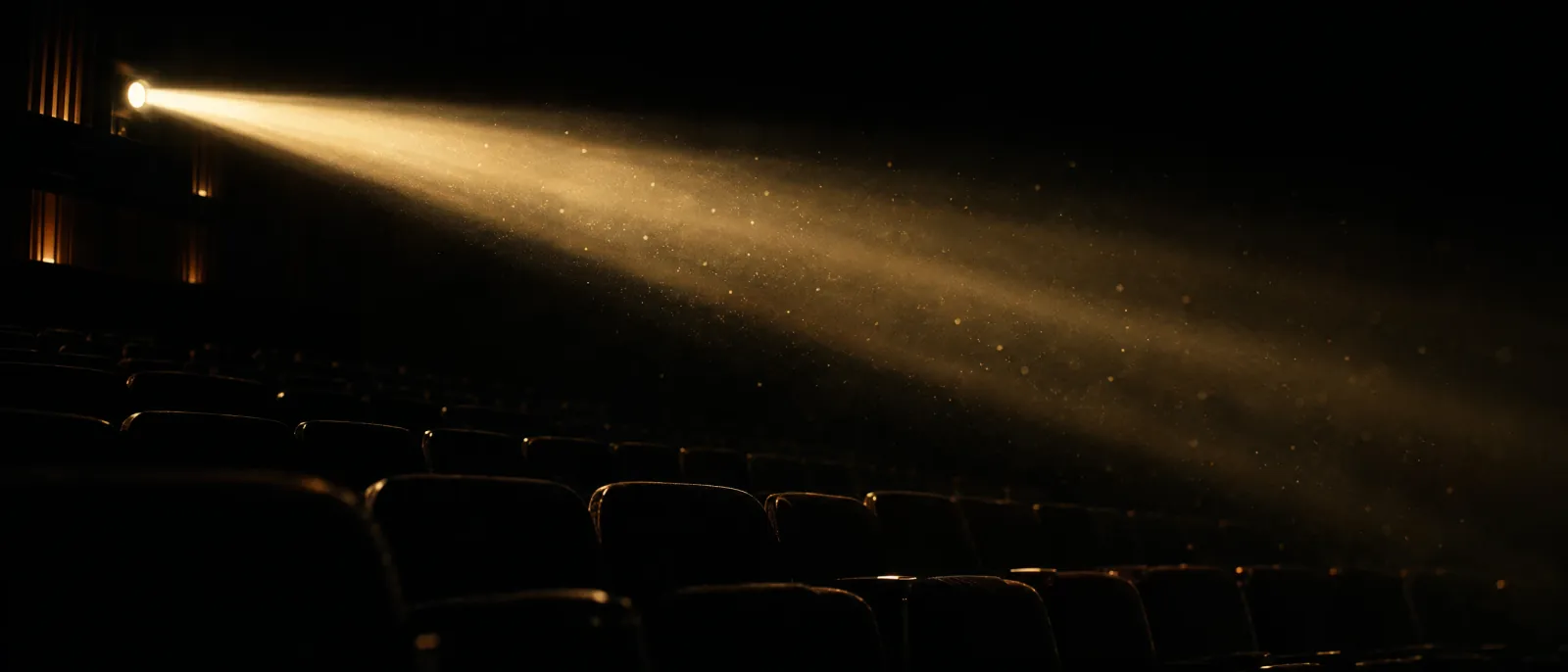 Golden projector beam through haze in a dark cinema