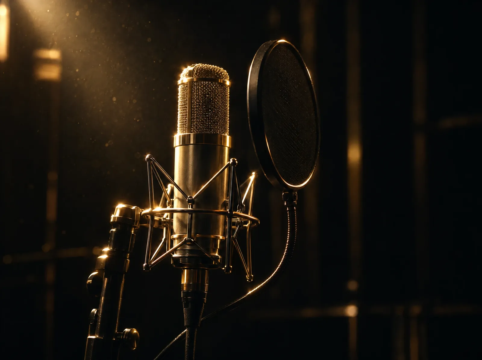 Vintage studio condenser microphone lit in warm gold