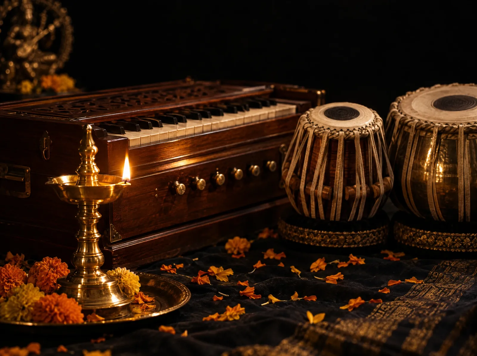 Lit brass diya beside a harmonium and tabla with marigold petals